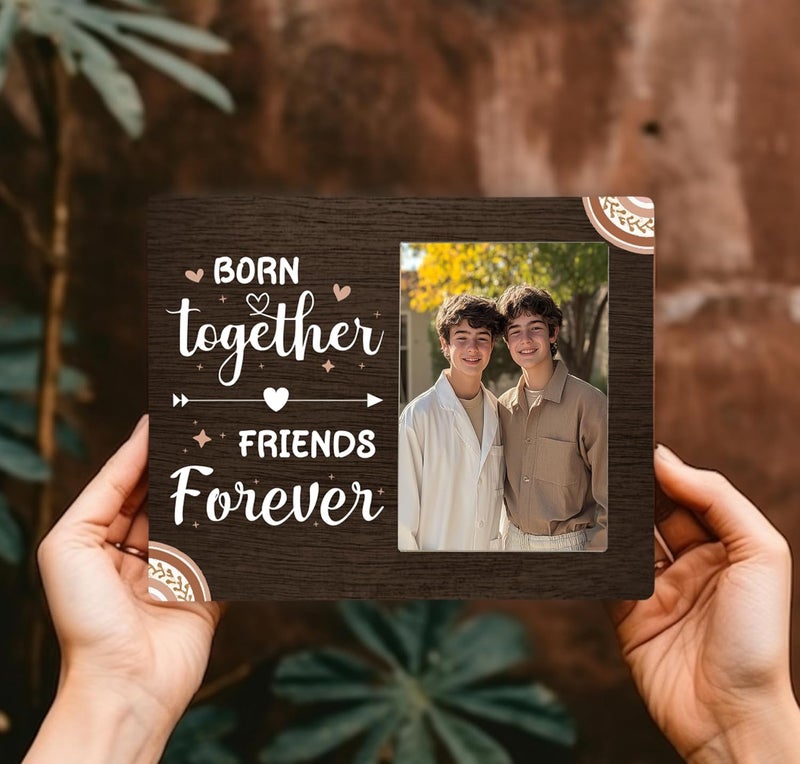 CAIFZ Born Together Friends Forever Boho Picture Frame, Twins New Baby Wooden Photo Frame, 4x6 inch Photo - Image 2